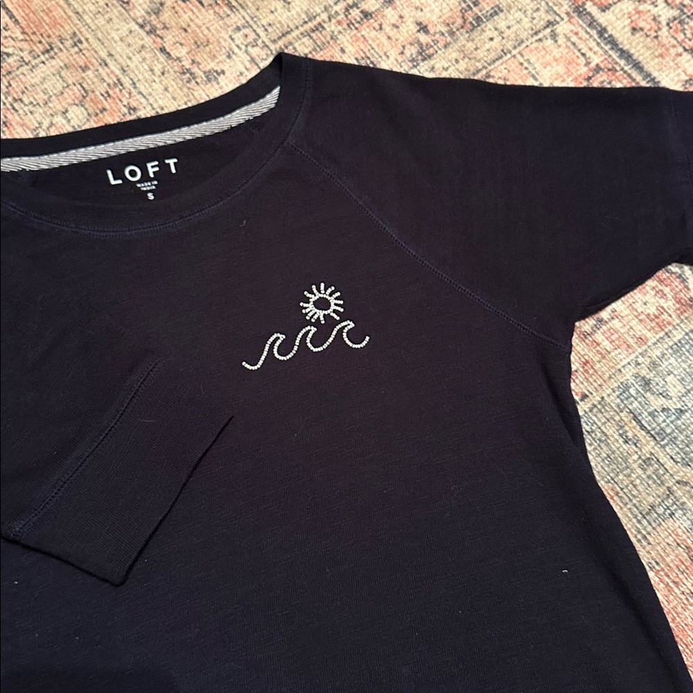 LOFT Dark Blue Tee with Beaded Sun and Wave Design
